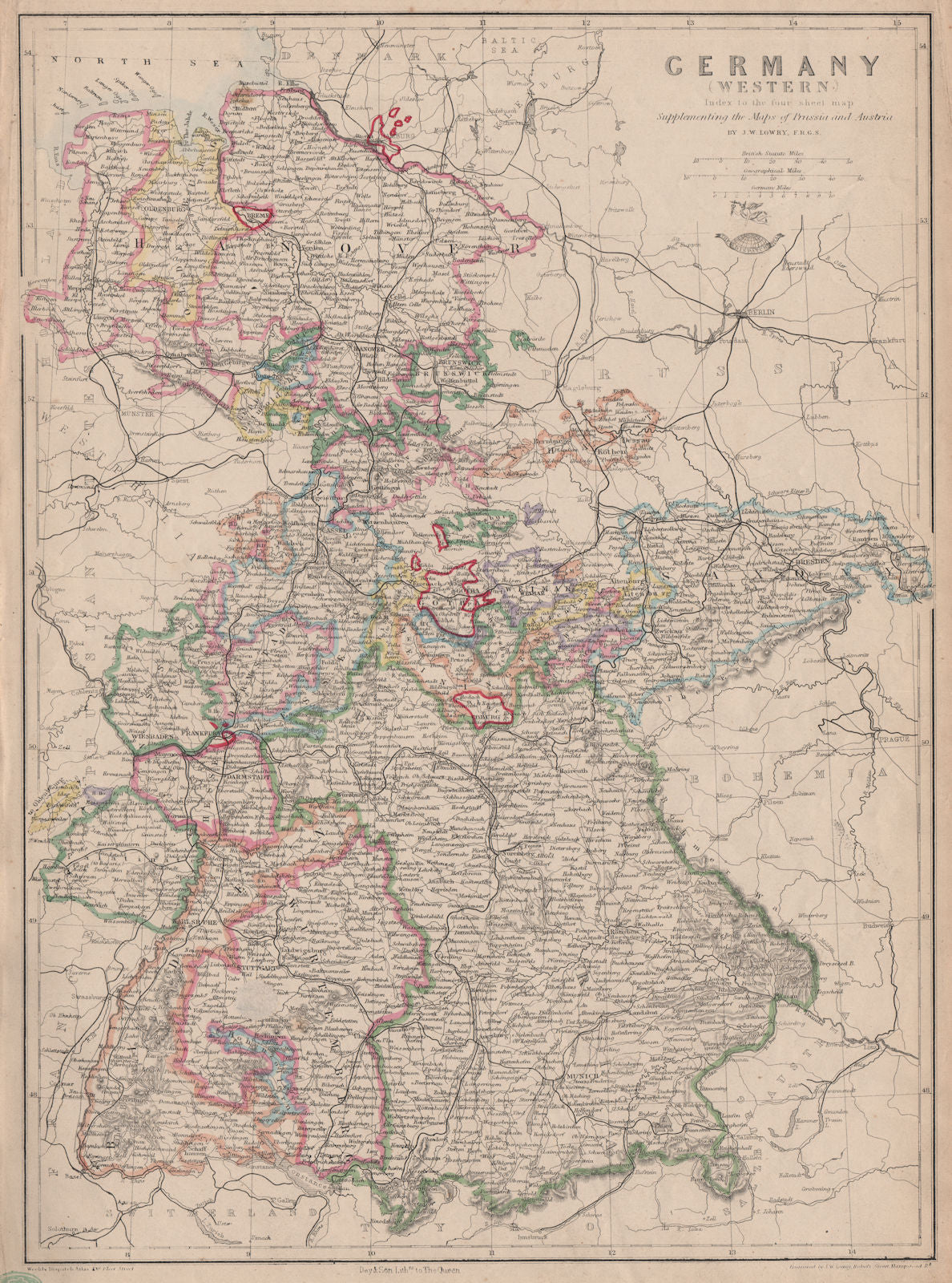 'Germany (Western)' showing states & railways. JW LOWRY.Dispatch atlas 1863 map